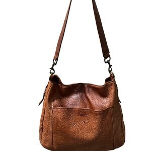American Leather Co Embossed Tan Leather Shoulder Bag Super Soft Tooled Leather